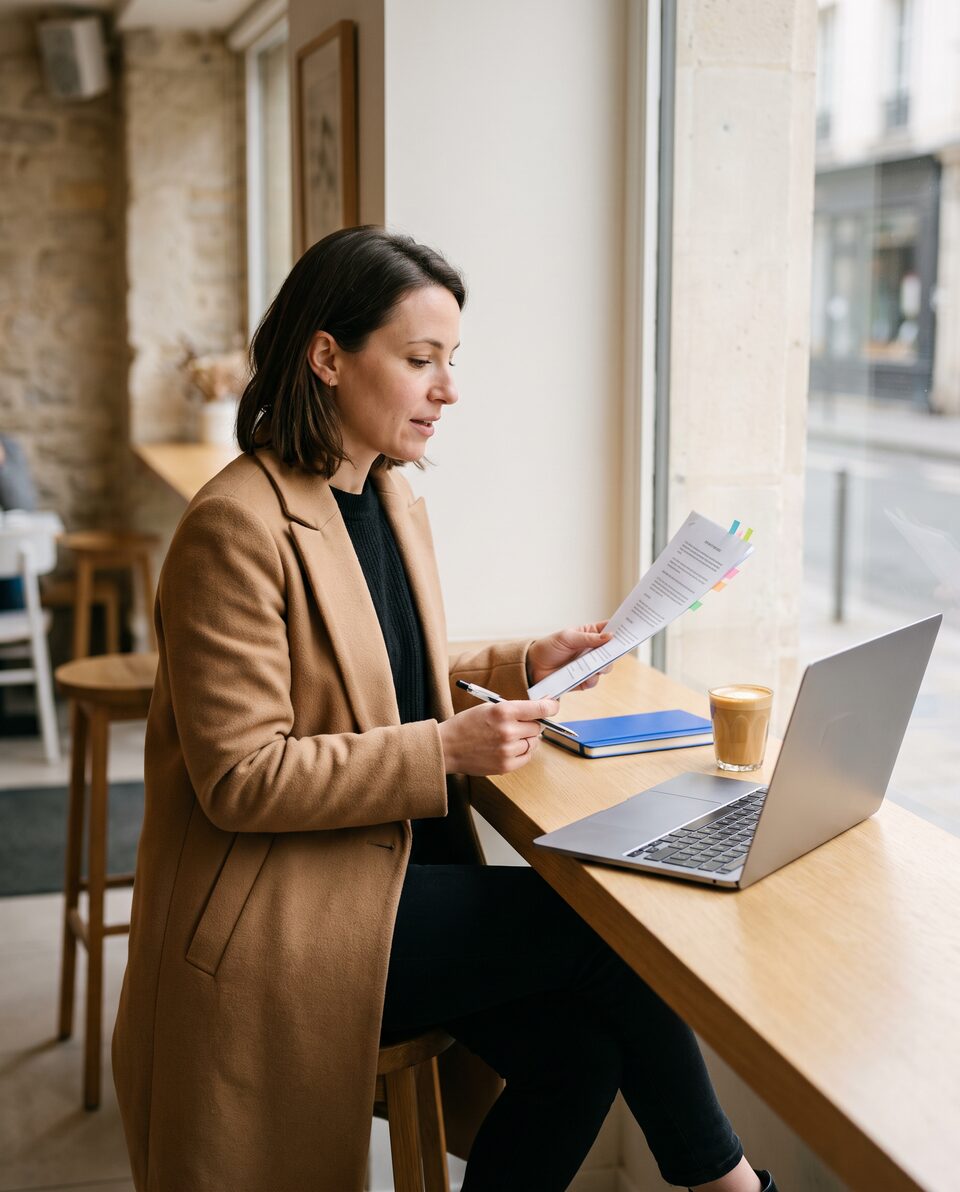 Illustration : un consultant au comptoir d’un café, près de la fenêtre, lit un contrat imprimé à côté d’un ordinateur portable.