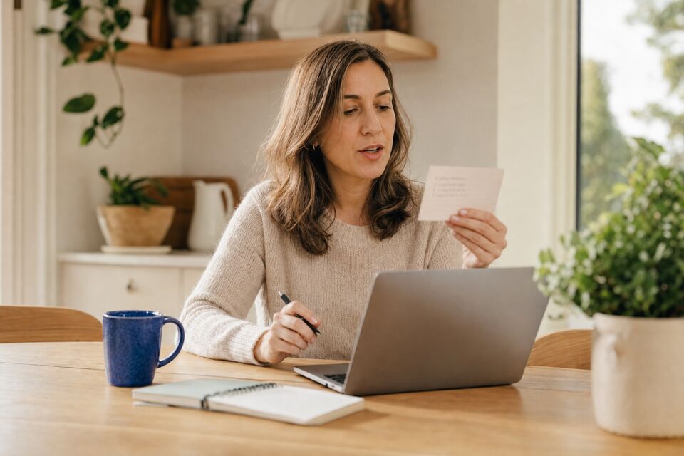 Illustration: at a kitchen table, a woman reads her points from an index card while speaking toward her laptop, pen in hand.