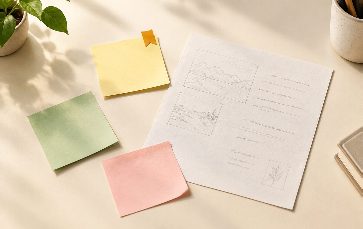 Illustration: three blank paper notes, one marked with a small amber flag, beside a page of pencil layout sketches on a desk.
